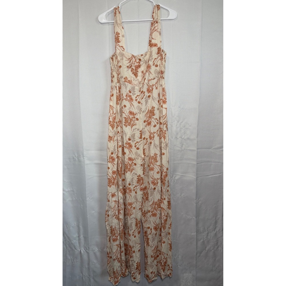 Peach Love California Floral Wide Leg Jumpsuit Medium Cream Rust Smocked‎ Back